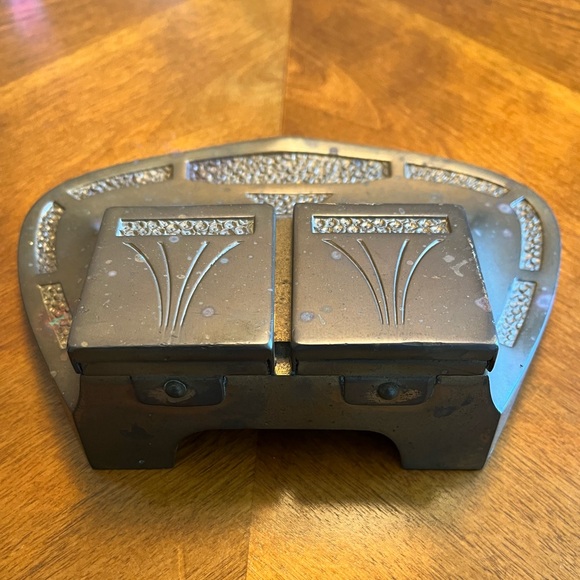 Antique Geschutzt Real Bronze Double Inkwell Set Art Nouveau - Picture 4 of 9